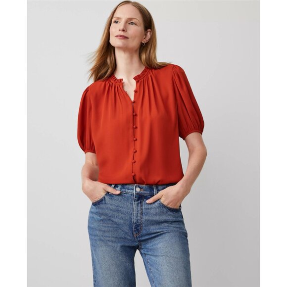NEW ANN TAYLOR Womens XL Burnt Orange Button Up Ruffle Neck Blouse Shirt - Picture 1 of 12